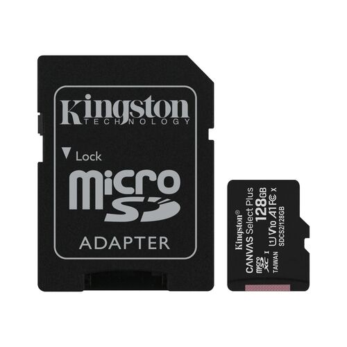 TARJETA MEMORIA MICROSD HC 128GB + ADAPTADOR KINGSTON CANVAS SELECT PLUS - CLASE 10 - 100MB/S (CanonDigital 0.24€ incluido)