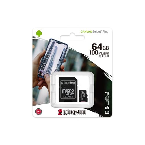 TARJETA MEMORIA MICROSD HC 64GB + ADAPTADOR KINGSTON CANVAS SELECT PLUS - CLASE 10 - 100MB/S (Canon Digital 0.64€ incluido)