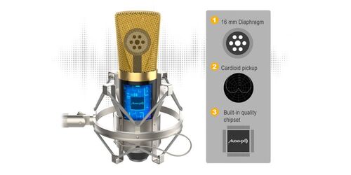 Audibax Berlin 1800 Gold (Negro/Oro) Pro Pack Micrófono Estudio + Soporte + Antipop + Cables