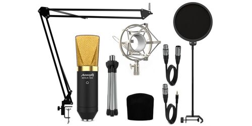 Audibax Berlin 1800 Gold (Negro/Oro) Pro Pack Micrófono Estudio + Soporte + Antipop + Cables