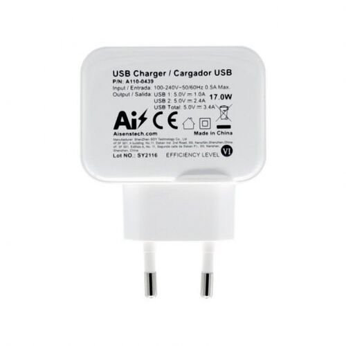 Cargador de Pared para Móvil USB 17 W 5V/3,4 A 2 PUERTOS BLANCO