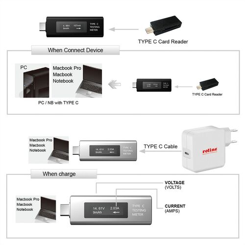 Testeador de medición USB tipo C con pantalla ROLINE