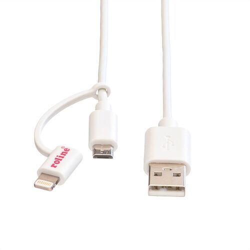 CABLE USB 2.0 1,0 M. LIGHTNING 8 PINES ( iPhone, iPad y iPod/Android) + MICRO USB, CARGADOR Y DATOS BLANCO ROLINE