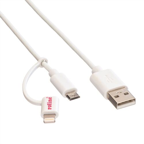 CABLE USB 2.0 1,0 M. LIGHTNING 8 PINES ( iPhone, iPad y iPod/Android) + MICRO USB, CARGADOR Y DATOS BLANCO ROLINE