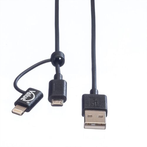 CABLE USB 2.0 1,0 M. LIGHTNING 8 PINES ( iPhone, iPad y iPod/Android) + MICRO USB, CARGADOR Y DATOS NEGRO VALUE