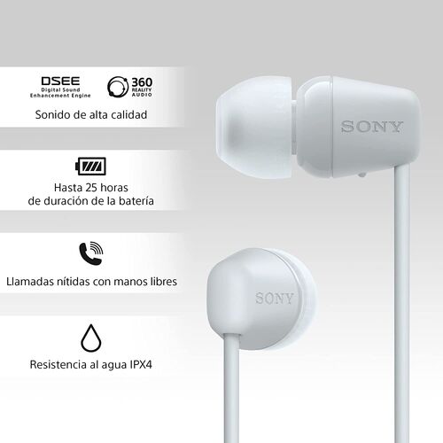 Sony WI-C100 Auriculares Inalámbricos -Batería, Micrófono, Conectividad Bluetooth Fiable, Blanco