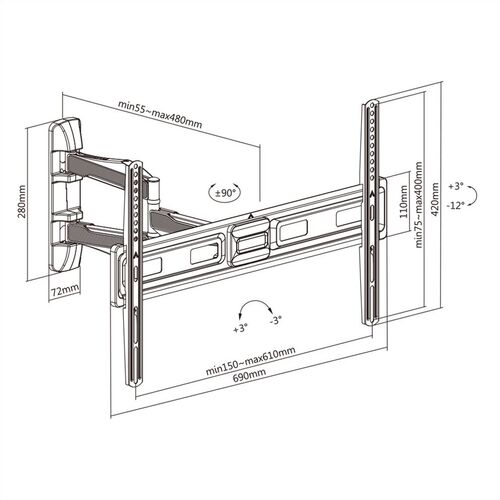 Soporte de TV de pared articulado sólido, hasta 177,8 cm (37" - 70"), negro VALUE