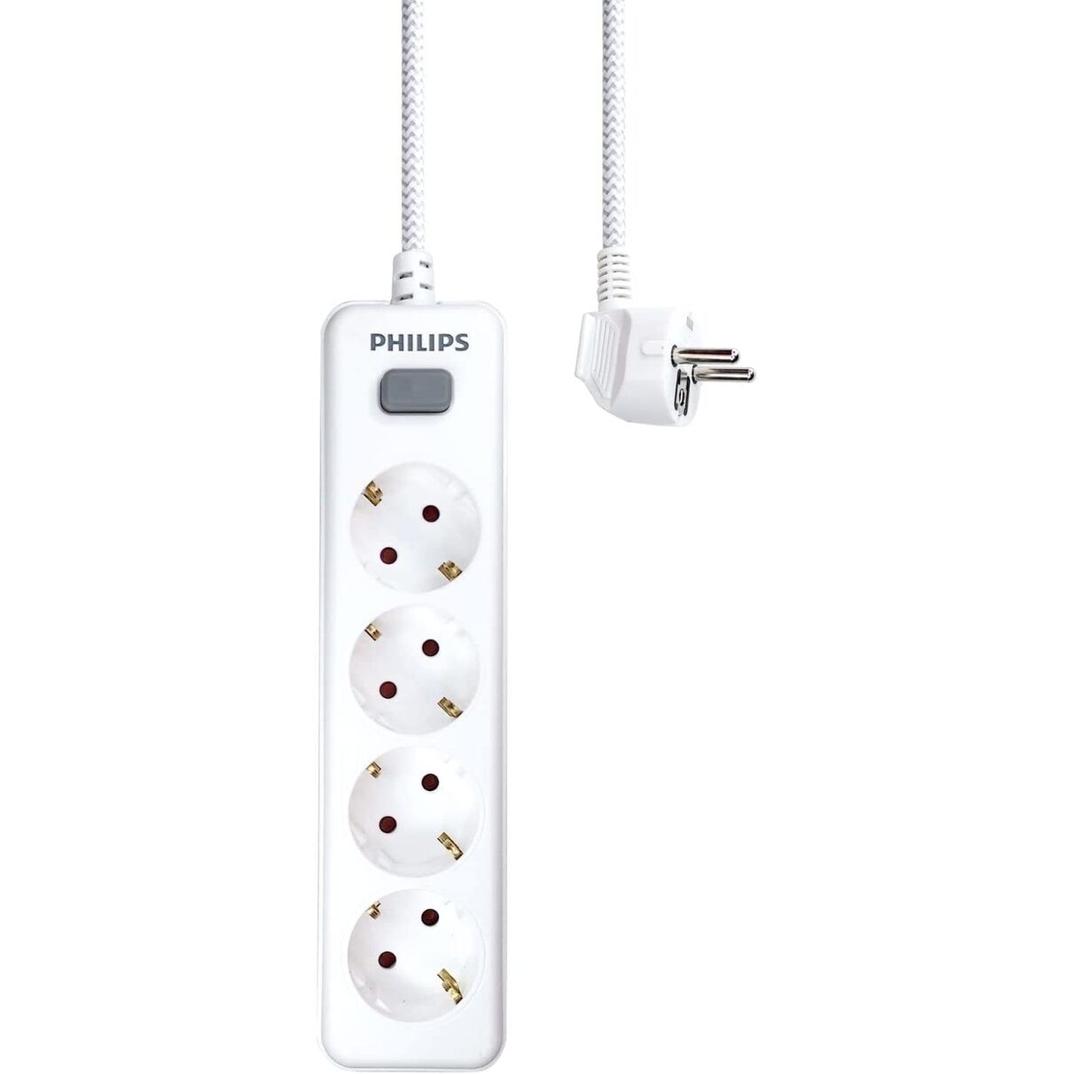 Regleta de 4 Enchufes Schuko, Interruptor Encendido/Apagado, Cable de Alimentación Trenzado 2 Metros (Alta Resistencia) - Color Blanco