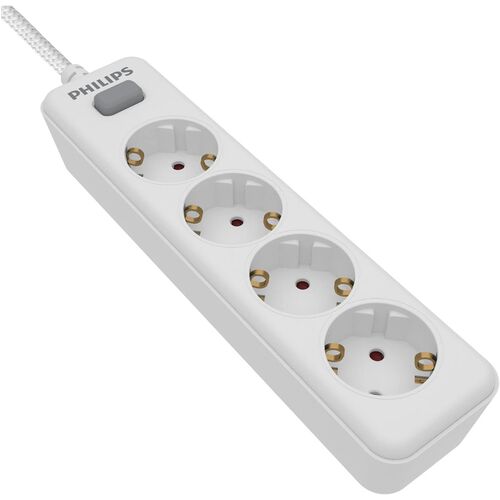 Regleta de 4 Enchufes Schuko, Interruptor Encendido/Apagado, Cable de Alimentación Trenzado 2 Metros (Alta Resistencia) - Color Blanco