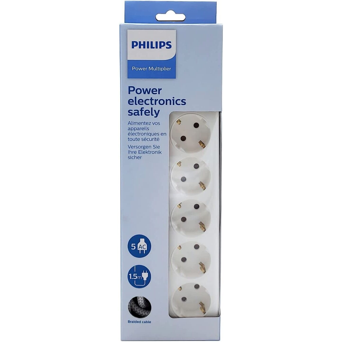 Regleta de 5 Enchufes Schuko, Interruptor Encendido/Apagado, Cable de Alimentación Trenzado 1,5 Metros (Alta Resistencia) - Color Blanco Philips