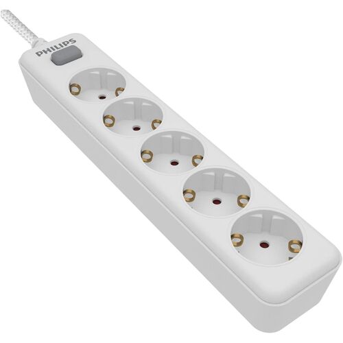 Regleta de 5 Enchufes Schuko, Interruptor Encendido/Apagado, Cable de Alimentación Trenzado 1,5 Metros (Alta Resistencia) - Color Blanco Philips