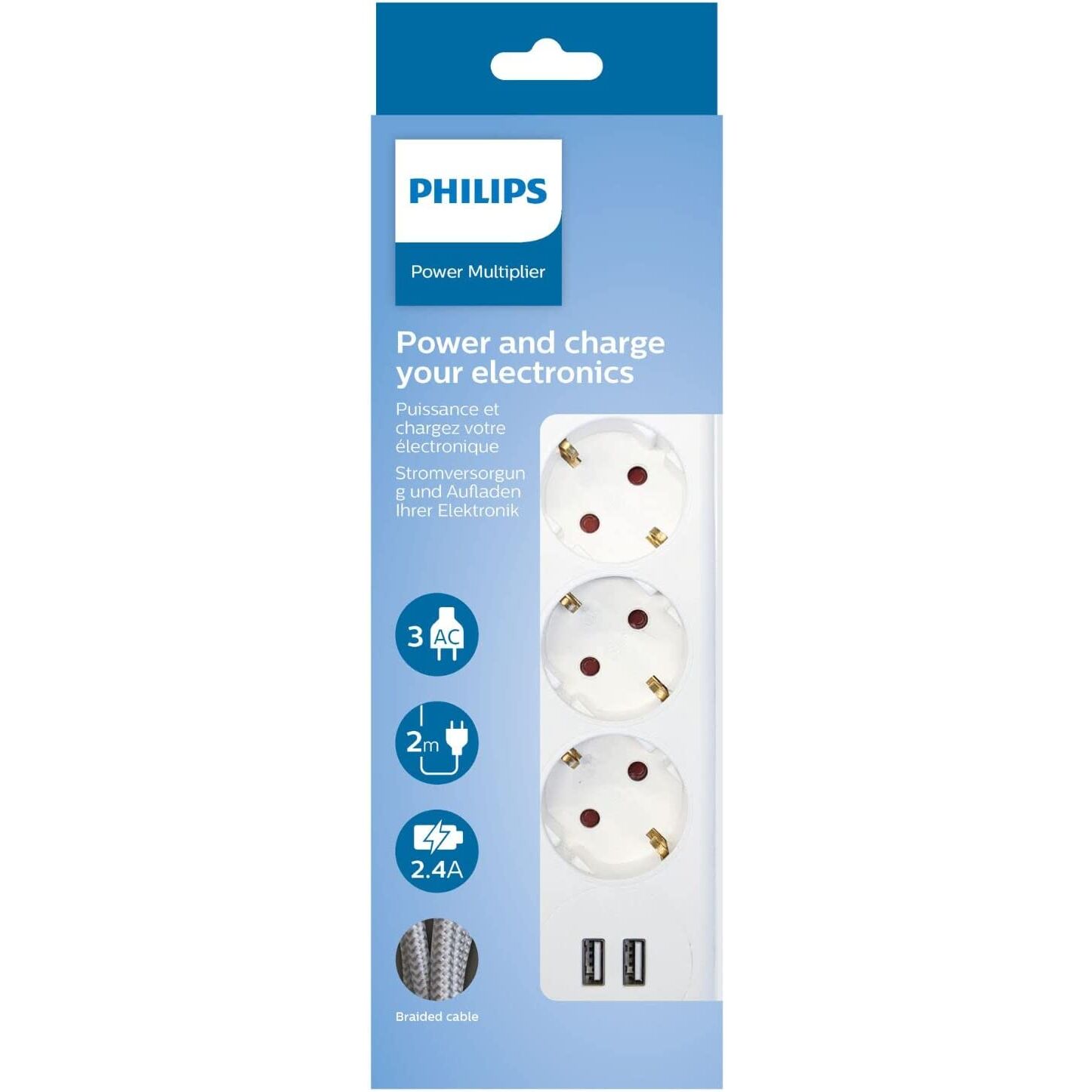 Regleta de 3 enchufes con 2  Puertos USB, Cable alimentacion trenzado, Color Blanco Philips