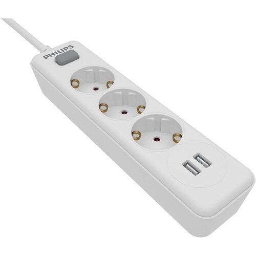 Regleta de 3 enchufes con 2  Puertos USB, Cable alimentacion trenzado, Color Blanco Philips