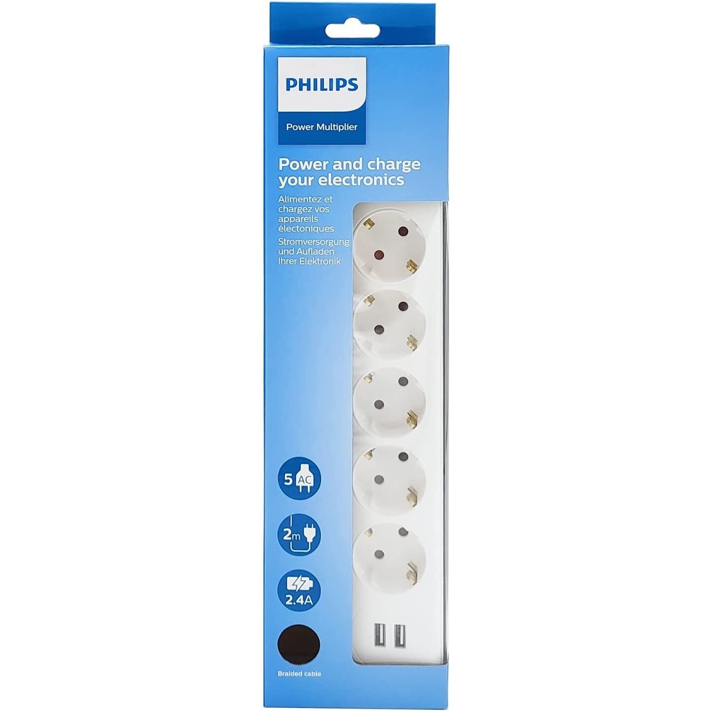 Regleta de 5 Enchufes Schuko y 2 Puertos USB de 2,4A, Interruptor Encendido/Apagado, Cable de Alimentación Trenzado 1,5 Metros  - Color Blanco Philips