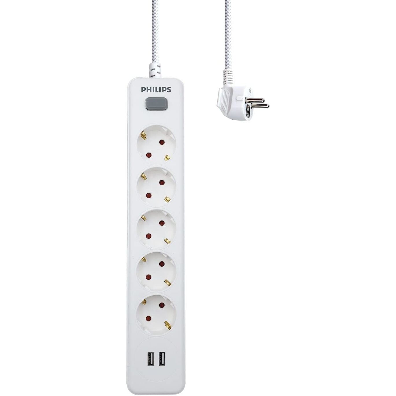 Regleta de 5 Enchufes Schuko y 2 Puertos USB de 2,4A, Interruptor Encendido/Apagado, Cable de Alimentación Trenzado 1,5 Metros  - Color Blanco Philips