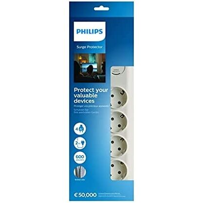 Regleta con protección contra sobretensiones (4 enchufes, 600 J, Cable de 2 m e Interruptor, Conector Tipo F), Color Blanco Philips