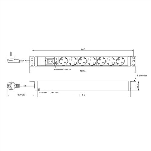 VALUE 19 1UH, PDU 7 - way Socket, 45º with overload protector, 2m