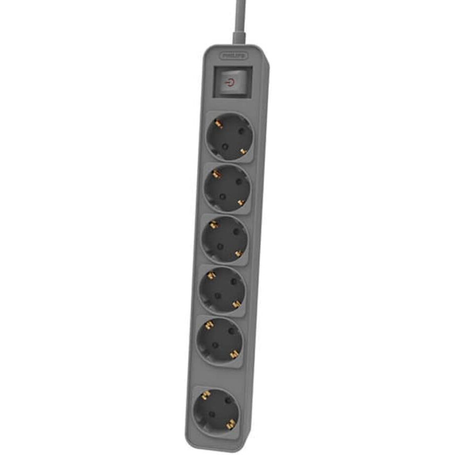 Philips Regleta de 6 Enchufes, Cable de 1.5 Metros, Interruptor Principal, Cierre de Seguridad Automático, Indicador LED de Alimentación - Color Gris