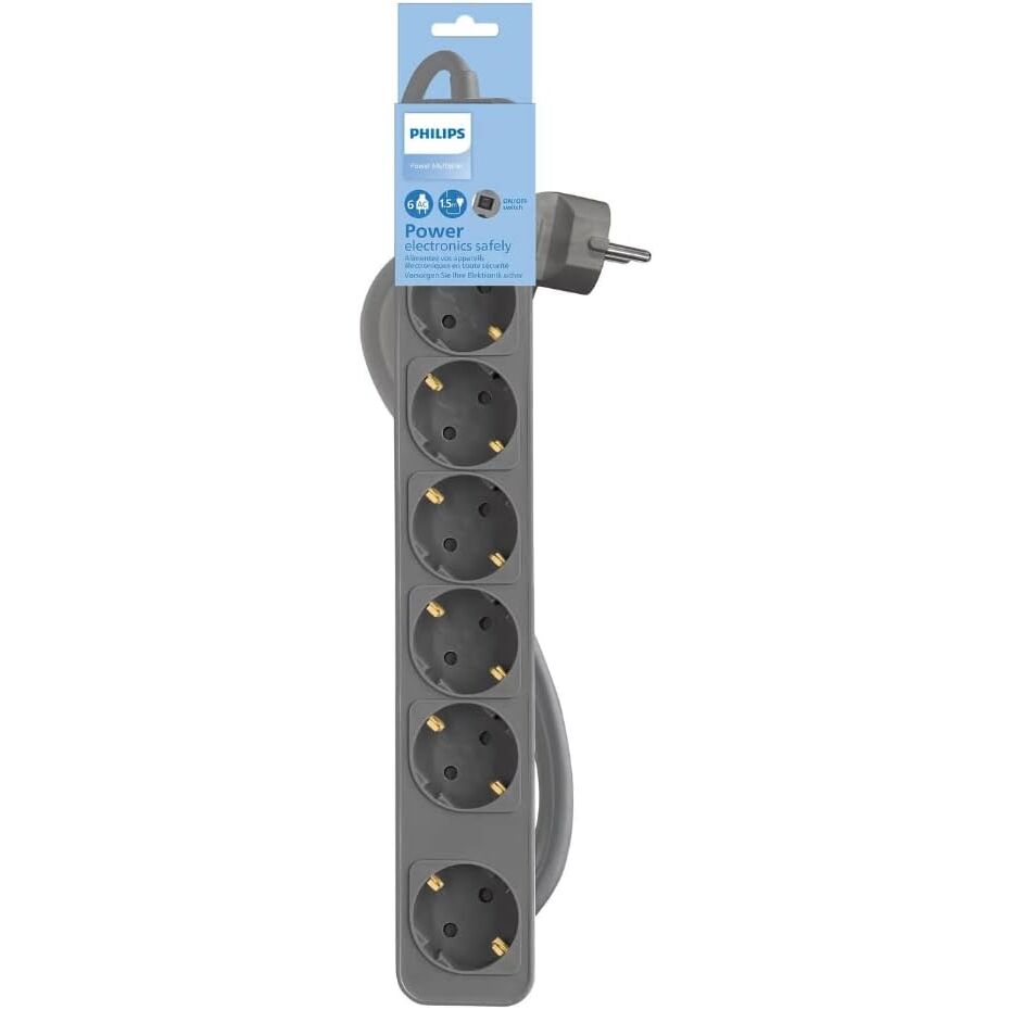 Philips Regleta de 6 Enchufes, Cable de 1.5 Metros, Interruptor Principal, Cierre de Seguridad Automático, Indicador LED de Alimentación - Color Gris