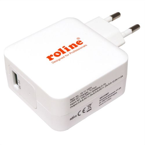 CARGADOR DE PARED USB 1 PUERTO QC3.0. A RED 100-240 V AC - DC 3.6V-6.5V/3A, 6.5V-9V/2A, 9V-12V/2A (max. 24 W), BLANCO ROLINE