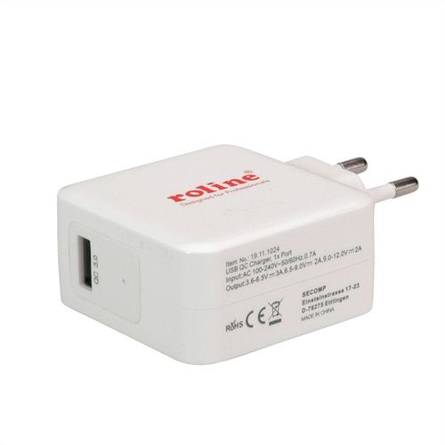 CARGADOR DE PARED USB 1 PUERTO QC3.0. A RED 100-240 V AC - DC 3.6V-6.5V/3A, 6.5V-9V/2A, 9V-12V/2A (max. 24 W), BLANCO ROLINE